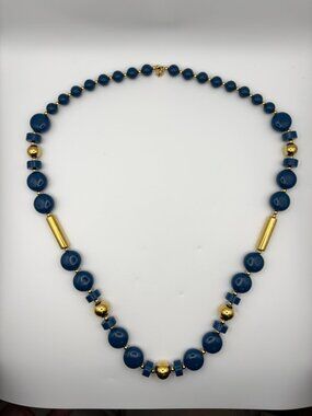 Vintage Trifari Navy Blue Acrylic & Gold Tone Cylinder Statement Necklace 28"